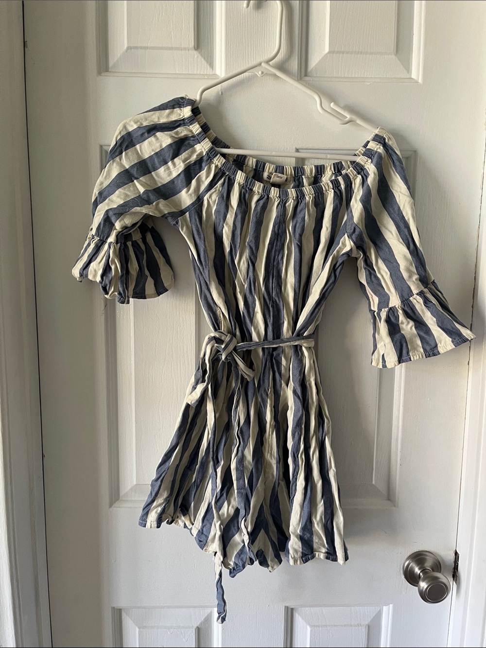 Billabong Blue and Cream Striped Off-Shoulder Romper
